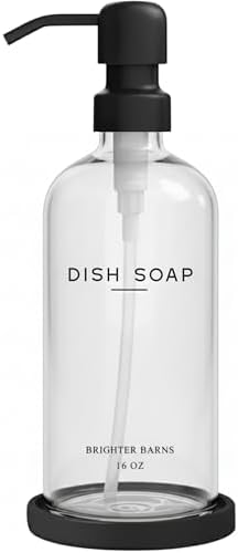 Glass Dish Soap Dispenser for Kitchen Sink by Brighter Barns - Modern Kitchen Soap Dispenser Set with Tray and Stainless Steel Pump - Minimalist Home Decor for Rental Properties, Restaurants (Clear) by BrighterBarns