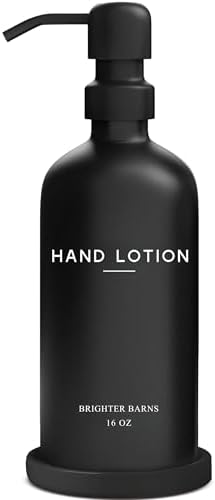 Black Glass Lotion Dispenser with Pump by Brighter Barns - Hand Lotion Dispenser Bathroom Set & Tray - Modern Bathroom Decor in Apartment Rental Properties, Guest House, Hotel Lobby, Spa, Gift (Black) by BrighterBarns