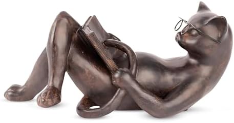 Young's Inc Resin Reading Cat Figurine with Glasses, Whimsical Book Lover Cat Statue for Bookshelf, Library, Home Office & Reading Nook Decor, Rustic Home Decor, Designed in USA, 13''L X 5''W X 5''H by YoungsInc