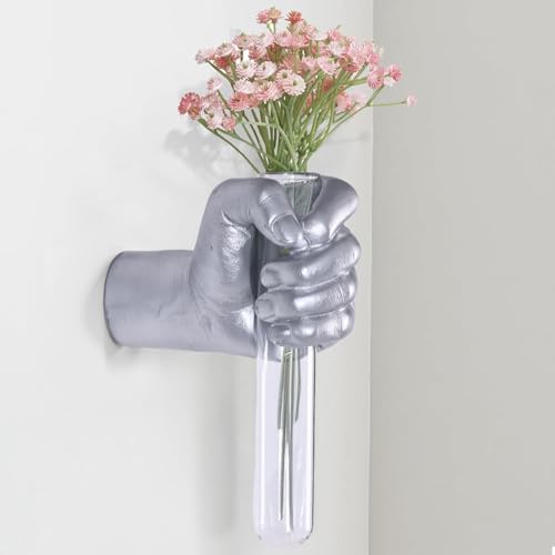 Silvery Wall Sculptures, Hand Vases Home Decor, Wall Mount Art Sculpture, Unique Wall Art Statue, Funky Flower Vase Decorations, Modern Eclectic Hanging Decor,Glass Test Tube Vase (Silvery) by XYQXYQ