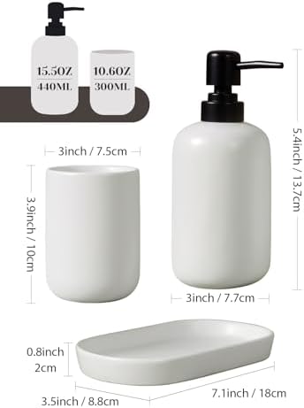 INGOFIN 3 Pcs Ceramic Bathroom Accessory Set - Liquid Soap Dispenser, Toothbrush Holder & Tray, Bathroom Counter Set, Countertop Essentials for Home, Guest Bathroom, or Office Use, White - Image 2