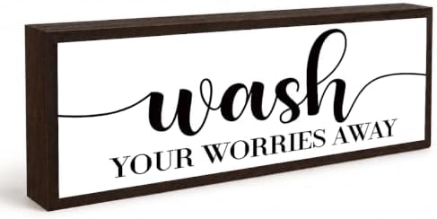Bathroom Wooden Sign Decor, Wash Your Worries Away Quote Wood Block, Relaxing Bath Room Accent for Shelf Counter or Wall Display, Farmhouse Decor Sign, Giftable Bathroom Decoration, 9.5 x 3.1 Inches by Unknown