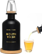 Mouthwash Dispenser for Bathroom 11.8oz – Glass Mouthwash Bottle with Cup & Bamboo Tray, Gold Hot-Stamped Lettering, Silicone Base, Modern Bathroom Accessory (Black) by Ledanba