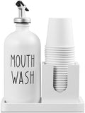 Glass Mouthwash Dispenser for Bathroom, 16 OZ Mouthwash Dispenser with Pour Spout and Wood Cup Holder and Tray, Mouth Wash Bottle Container, Farmhouse Kitchen Bathroom Decor and Accessories, White by Bivvclaz