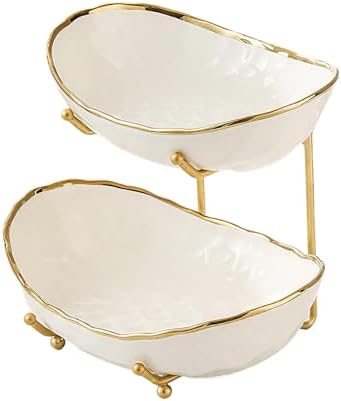 jessie 2 Tier Ceramic Fruit Bowl for Kitchen Counter with Metal Rack, Fruit Basket with Stand, Porcelain Bowls for Vegetable Bread Candy Snack Nuts Dessert Cake Tray (Gold 2 layer) by jessie