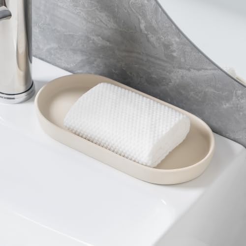 Matte Beige Round Soap Dispenser Tray - 8'' Ceramic Vanity Tray for Bathroom Decorative, Jewelry Ring Dish, Comestic Holder, Kitchen Sink Countertop Organizer Plate - Image 5