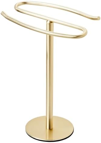 Light Brushed Gold Hand Towel Holder Stand, 13-Inch Tall Freestanding Towel Rack with Weighted Base, SUS304 Stainless Steel Countertop Towel Stand for Bathroom Vanity and Kitchen by BTHRMHW