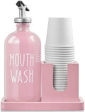 Glass Mouthwash Dispenser for Bathroom, 16 OZ Mouthwash Dispenser with Pour Spout and Wood Cup Holder and Tray, Mouth Wash Bottle Container, Farmhouse Kitchen Bathroom Decor and Accessories, Pink by Bivvclaz