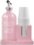 Glass Mouthwash Dispenser for Bathroom, 16 OZ Mouthwash Dispenser with Pour Spout and Wood Cup Holder and Tray, Mouth Wash Bottle Container, Farmhouse Kitchen Bathroom Decor and Accessories, Pink by Bivvclaz