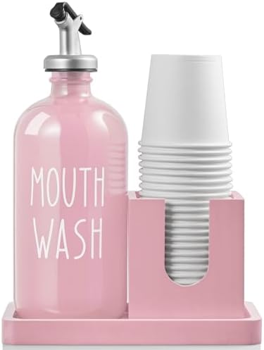 Glass Mouthwash Dispenser for Bathroom, 16 OZ Mouthwash Dispenser with Pour Spout and Wood Cup Holder and Tray, Mouth Wash Bottle Container, Farmhouse Kitchen Bathroom Decor and Accessories, Pink by Bivvclaz