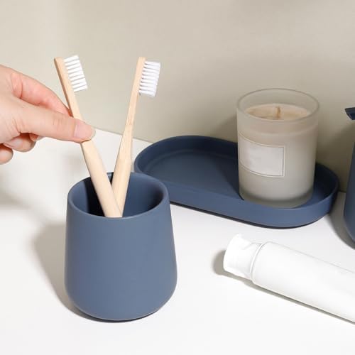 INGOFIN 3 Pcs Ceramic Bathroom Accessory Set - Liquid Soap Dispenser, Toothbrush Holder & Tray, Bathroom Counter Set, Countertop Essentials for Home, Guest Bathroom, or Office Use, Matte Blue - Image 7