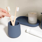 INGOFIN 3 Pcs Ceramic Bathroom Accessory Set - Liquid Soap Dispenser, Toothbrush Holder & Tray, Bathroom Counter Set, Countertop Essentials for Home, Guest Bathroom, or Office Use, Matte Blue - Image 7