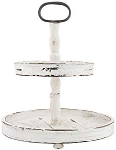 Creative Co-Op Distressed Cream Wood 2-Tier Tray with Metal Handle by Unknown