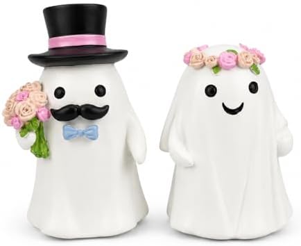 GoGnome Halloween Ghost Bride & Groom Figurine Set of 2, Cute Resin Ghost Couple Decorations with Top Hat, Bow Tie & Flower Crown (White Ghostly Wedding) by GoGnome