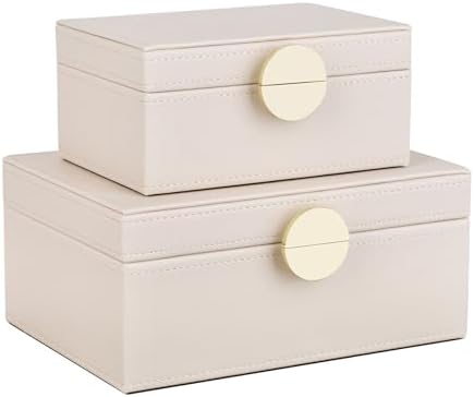 HofferRuffer Faux Leather Jewelry Boxes, Decorative Boxes Storage Accessory Organizer with Gold Hardware Decor, Classic Vegan Leather Set of 2 Pieces (CreamWhite) by HofferRuffer