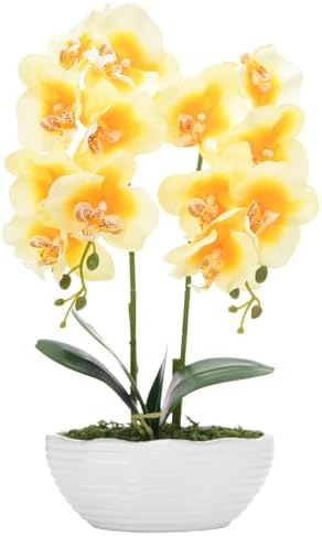 Large Artificial Orchid Arrangement in Oval Ribbed Ceramic Pot, Yellow by YSZL