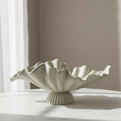 16" Large Decorative Bowl decor, Modern Home Decoration Scallop Bowl,Fashion Key Bowl for Entrance Table, Decorative Fruit Bowl for Kitchen Counter, Ruffle Decor, With Base, Light Gray - Image 5