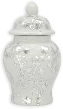 8" Ceramic Ginger Jar w/Lid - Classic Chinese Style Porcelain Jar Tea Storage for Home Decor Decorative Centerpiece Vintage Accent Antique Vase Jingdezhen (Silver& White) by GaltInternational