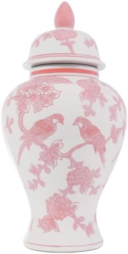 14″ Pink Ginger Jar with Lid Porcelain Stylized Songbirds Floral Temple Jar by ChangSong