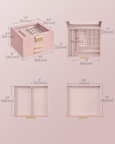 SONGMICS Jewelry Box Organizer, 3-Layer Storage with 2 Drawers, Glass Lid - Image 5