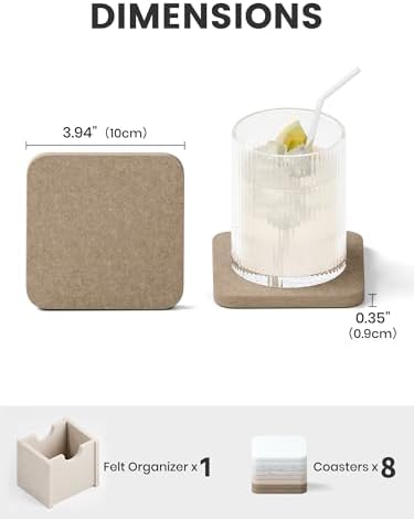 Fluxynara Felt Coasters with Holder, Set of 8 for Drinks, Stone Beige - Image 2