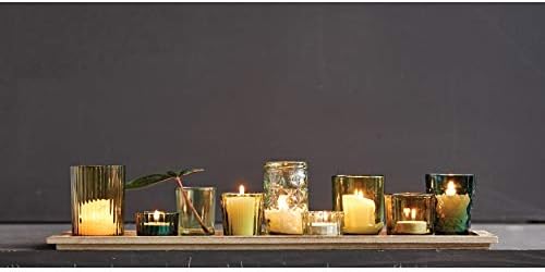 Creative Co-Op 9‑Piece Round Glass Votive Holders on Solid Paulownia Wood Tray, Green - Image 5
