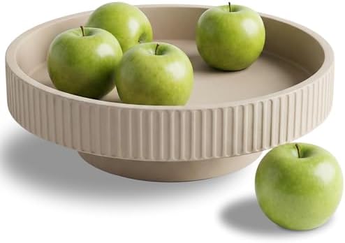 JUPTR Concrete Fruit Bowl (12") – Shallow Fluted Pedestal Decorative Centerpiece Bowl for Table, Entryway Catch-All & Modern Home Decor – Heavyweight Stone Bowl (Beige) by Unknown