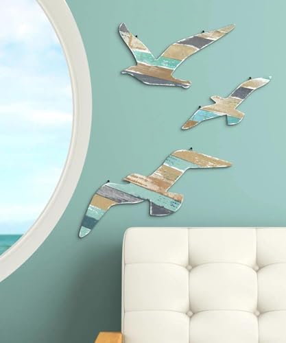 Putuo Decor Coastal Seagull Wall Decor Set of 3, Wooden Beach Wall Art on MDF with Distressed Nautical Stripes, Lightweight Ocean Theme Wall Hanging for Bathroom Living Room Bedroom Entryway - Image 3