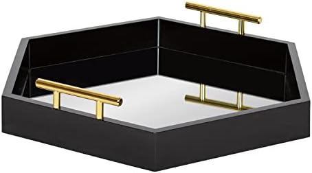Kate and Laurel Lipton Modern Hexagon Mirrored Tray; 18 x 18; Black and Gold; Midcentury Decorative Serving Tray for Storage and Display by KateandLaurel