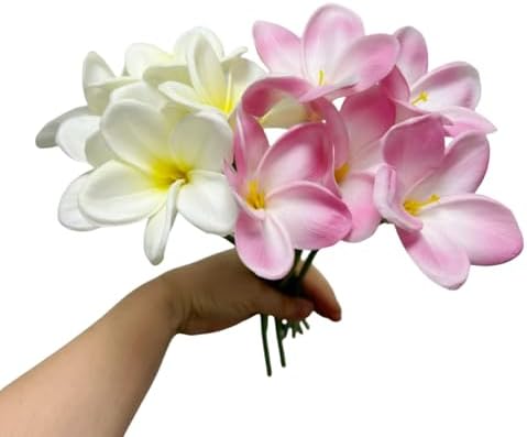 10 pcs White&Pink Plumeria Flowers Artificial with Stems,Real Touch by Unknown