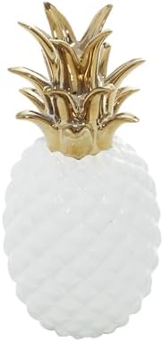 CosmoLiving by Cosmopolitan Porcelain Ceramic Fruit Decorative Sculpture Pineapple Home Decor Statue with Gold Leaves, Accent Figurine 4" x 4" x 10", White - Image 2