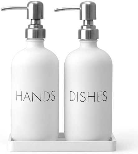 White Dish and Hand Soap Dispenser Set - Glass Kitchen Soap Dispenser with Tray and Stainless Steel Pump - for White Kitchen Decor and Accessories by Unknown