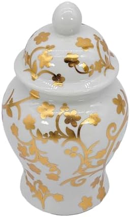 8" Ceramic Ginger Jar w/Lid - Classic Chinese Style Porcelain Jar Tea Storage for Home Decor Decorative Centerpiece Vintage Accent Antique Vase Jingdezhen (Gold & White) - Image 5