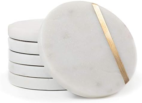 Cork & Mill Marble Coasters with Gold Brass Inlay, White, Set of 6 by CorkMill