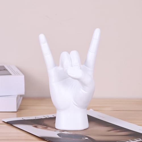 QIANLING 7.7" White Resin Rock On Hand Gesture Statue - Rock Culture Music Lovers' Decorative Tabletop Sculpture for Bookshelf, Desk & Mantel Decor in Home or Office, Modern Symbolic Figurine - Image 3