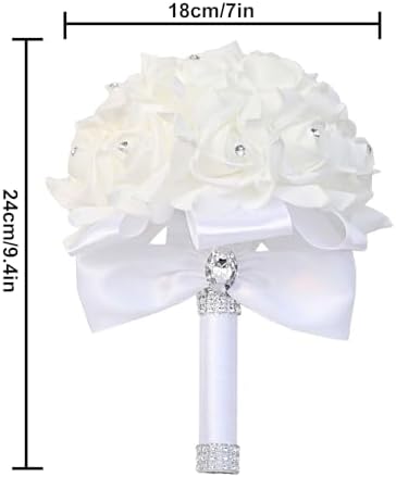 Wedding Bouquets for Bride, Bridal Flowers for Wedding, Bride Bridesmaid Hand Flowers Bridal Bouquet Crystal Diamond Silk Roses, Artificial Flowers Bouquet for Church Wedding Party (White) - Image 3