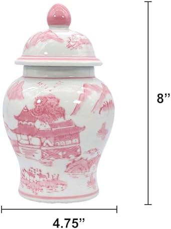 Galt International 8" Ceramic Ginger Jar w/Lid - Classic Chinese Style Porcelain Jar Tea Storage for Home Decor Decorative Centerpiece Vintage Accent Antique Vase Jingdezhen (Pink & White) - Image 2