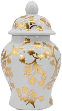 8" Ceramic Ginger Jar w/Lid - Classic Chinese Style Porcelain Jar Tea Storage for Home Decor Decorative Centerpiece Vintage Accent Antique Vase Jingdezhen (Gold & White) by GaltInternational