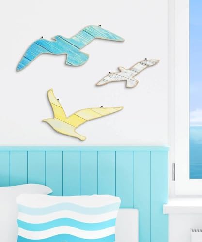 Putuo Decor 3pcs Wood Seagull Wall Decor Beach Wall Hanging Coastal Theme Wall Art Nautical Wall Sculpture Sea Birds Lake House Ocean Decor Vintage Ornaments for Home Bathroom - Image 3