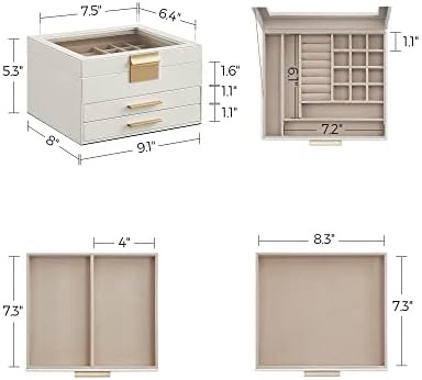 SONGMICS Jewelry Box Organizer, 3-Layer Storage with 2 Drawers, Glass Lid - Image 3