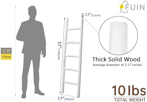 FUIN Blanket Ladder, 57in Rustic Solid Wood Decorative Ladder, White - Image 5