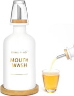 Mouthwash Dispenser for Bathroom 11.8oz – Glass Mouthwash Bottle with Cup & Bamboo Tray, Gold Hot-Stamped Lettering, Nordic Style Countertop Accessory, White Bathroom Accessories (White) by Ledanba