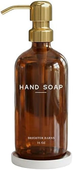 Luxury Glass Hand Soap Dispenser Bathroom Set by Brighter Barns - Refillable Liquid Hand Soap Dispenser Set for Kitchen - Gold Bathroom Decor and Accessories for Spa, Office, Hotel, Gifts (Amber/Gold) by BrighterBarns