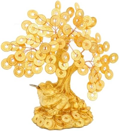 Feng Shui Money Toad Gold Tree (7.8" H x 6.3" W) - Resin Base & Metal Coins - Lucky Wealth Frog Statue for Office Desk, Cash Register, Store Opening & Housewarming Gift by BWINKA