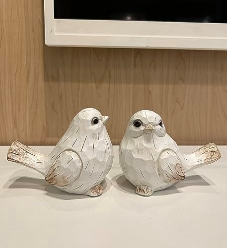 KiaoTime Farmhouse Bird Decor Resin Bird Figurines - Set of 2, Vintage & Modern Bird Decor Statue for Home Decor Accents, Cottage Bird Ornaments Decoration New White Carved Rustic Bird Figurine - Image 2