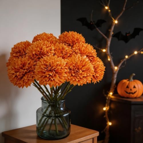 Tinsow 12PCS Artificial Ball Chrysanthemum Faux Flowers Bouquet Orange - Image 5