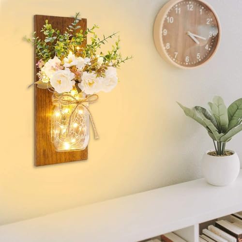 Rustic Wall Sconces Mason Jar Sconces Handmade Wall Art Hanging Design with Remote Control LED Fairy Lights and White Peony, Wall Decor Gift Farmhouse Wall Home Decor Living Room Lights Set of Two - Image 2