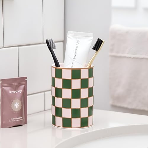 Checkered Bathroom Toothbrush Holder, Bathroom Black and White Ceramic Toothbrush Holder, Modern Toothbrush Box, Used for Bathroom countertop Storage Rack, Checkered Bathroom Decoration (Green) - Image 5