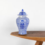 11″ Blue & White Ginger Jar with Lid Chinoiserie Double Happiness - Image 3