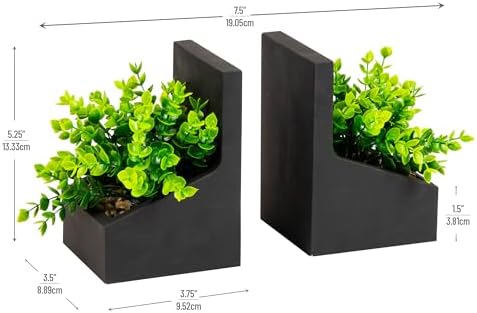 Mind Reader Contemporary Planter Bookends, Book Holders with Faux Greenery, Decorative Desktop or Shelf Organizer, Cement, Set of 2, Black - Image 3